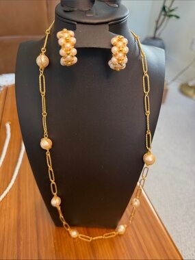 Gold-Tone Pearl Link Necklace with Matching Clip Earrings - Women Jewelry